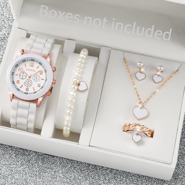 Schmuck-Set Damen, Quarzuhren, Silikon, Perle, Herz, Weiß, Roségold - Bild 1