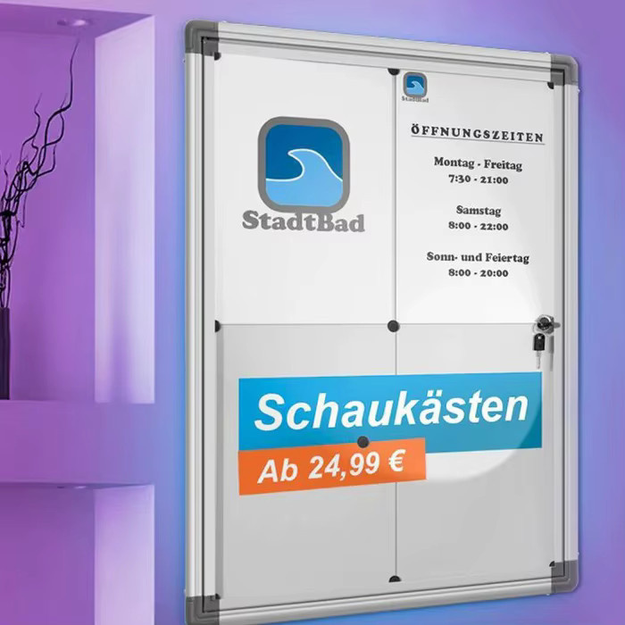 Abschließbarer Schaukasten A4 von Office Marshal, magnetische Infovitrine aus Aluminium in Silber zur Wandmontage - Bild 4