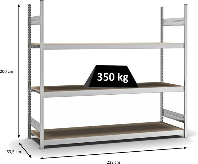 PROREGAL Weitspannregal Stecksystem T-Profil in Silber, verzinkt, mit 3 Ebenen Spanplatten Fachböden, H x B x T: 200 x 225 x 60 cm - Bild 1