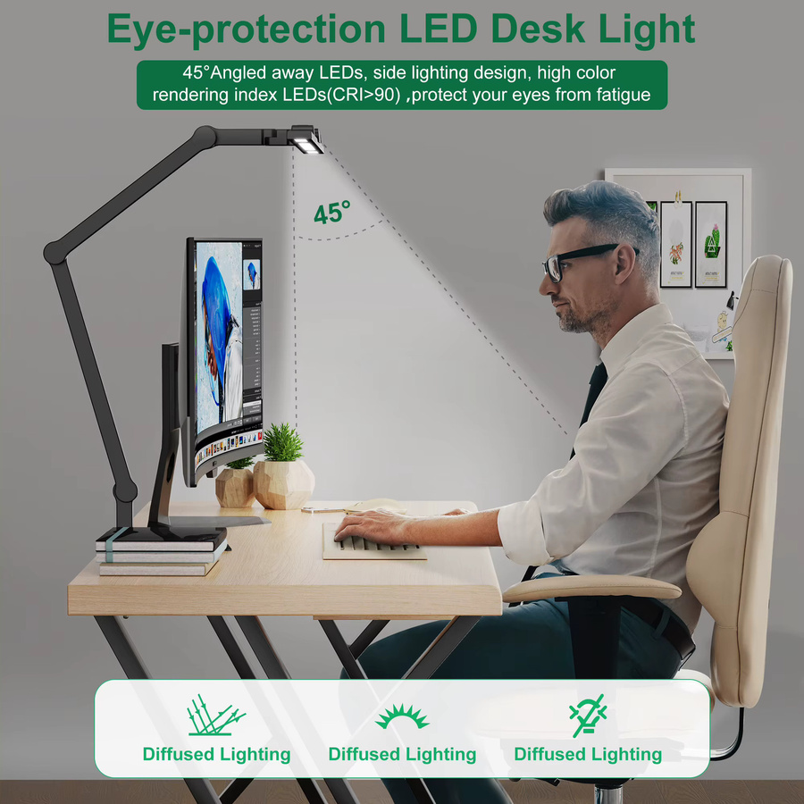 Aiopp LED-Schreibtischlampe in Schwarz mit 3 Clips, dimmbar, Timer-Funktion und flexiblem Metallarm für Home-Office und Dual-Monitor-Setups - Bild 3