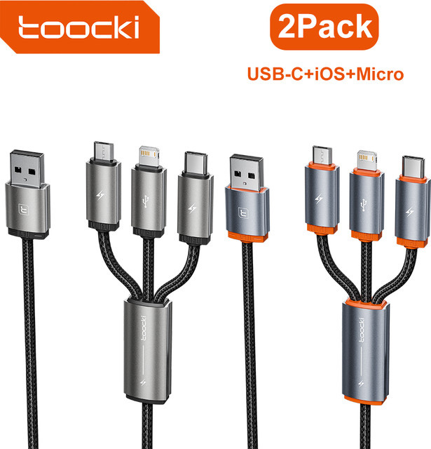 Toocki 2er-Pack 3-in-1 Ladekabel mit Micro USB, USB-C und Lightning Stecker in Orange - Bild 1