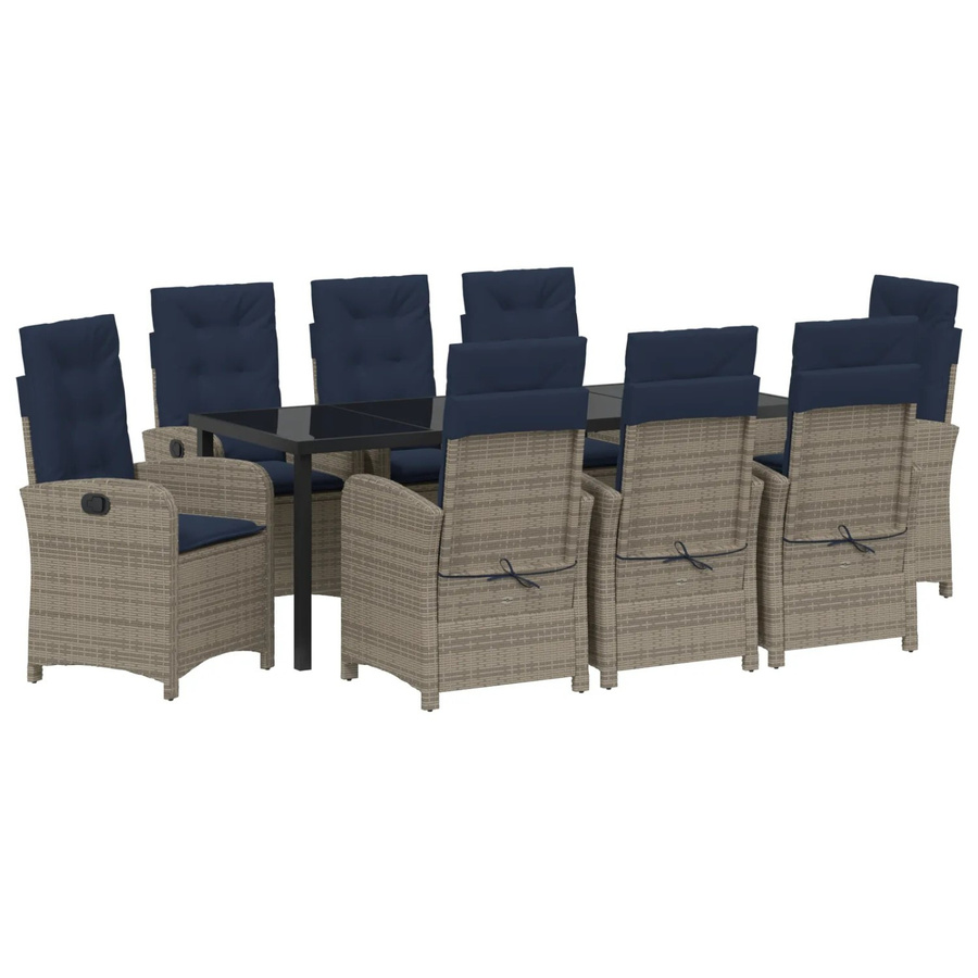 vidaXL Garten Essgruppe aus Poly Rattan in Grau, 9-teiliges Set mit rechteckigem Tisch für Außenbereich und Balkon - Bild 2