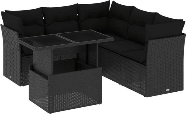 vidaXL 6-teilige Garten-Sofagarnitur in L-Form aus schwarzem PE-Rattan mit Kissen und Gartentisch - Bild 1