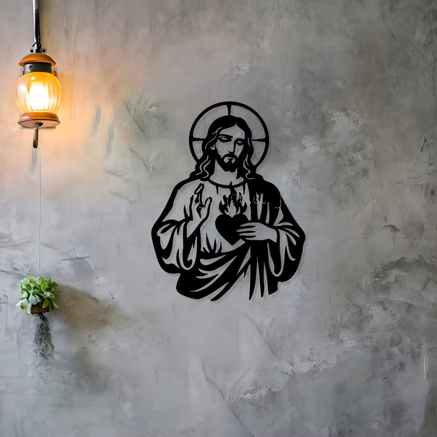 CIFBUY Religiöse Wandkunst aus Metall mit Heiligem Herz Jesus in Schwarz - Bild 2