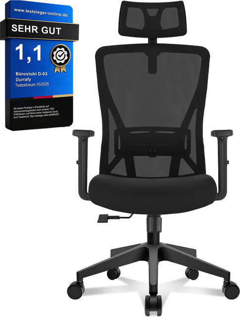 Durrafy Ergonomischer Bürostuhl in Schwarz mit verstellbarer Kopfstütze und Lendenwirbelstütze, moderner Netz-Computerstuhl mit Armlehnen und Höhenverstellbarkeit, Belastbarkeit bis 150 kg - Bild 1