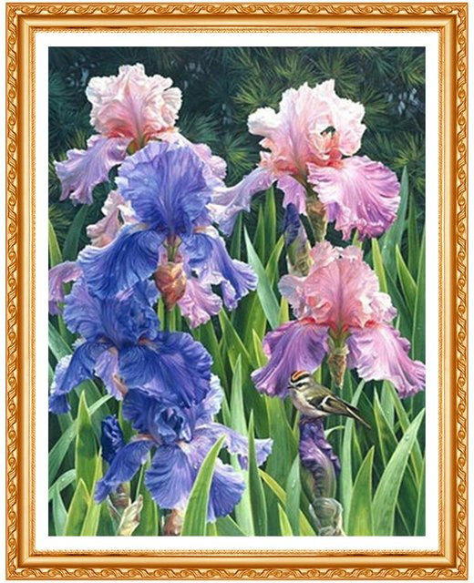 FIYO Diamond Painting Set Iris Blume und Vögel in Blau, Wanddeko mit Strass-Stickerei, B x H: 30 x 20 cm - Bild 1