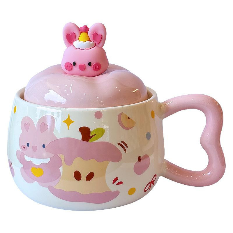 Keramiktasse mit Deckel Apfel Design für Mädchen in Blau oder Pink, 400 ml - Bild 2
