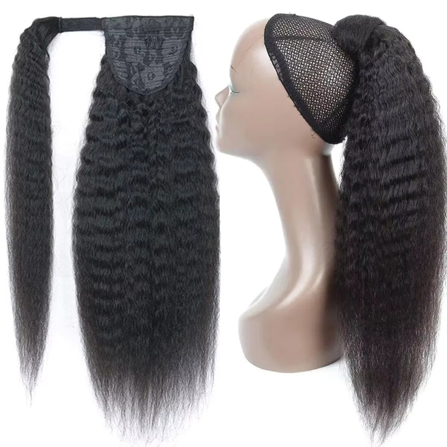 mayfive Kinky Straight Pferdeschwanz Echthaar, Wellenförmiger Yaki-Pferdeschwanz, Naturschwarz - Bild 5