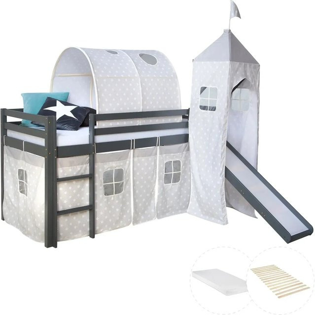 Homestyle4u Kinderhochbett mit Rutsche und Matratze aus Kiefernholz in Grau, B/T/H: 207,5 x 96,5 x 160 cm (ca.) - Bild 1