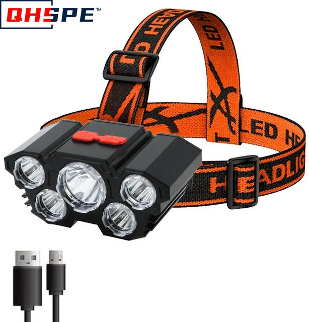 QHSPE Wiederaufladbare 5-LED-Stirnlampe in Schwarz mit integriertem 18650-Akku und einstellbarem Fokus - Bild 1