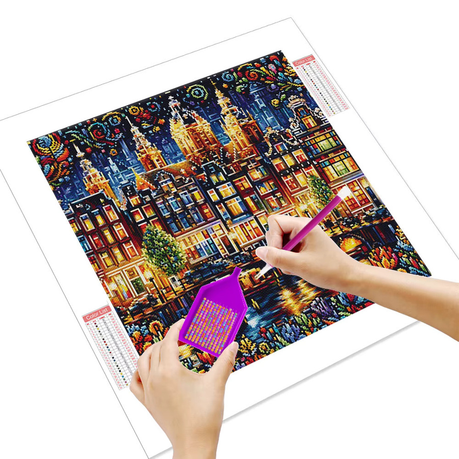 Huacan Diamantmalerei Nachtstadt-Gebäude Landschaft als Diamantstickerei in Multicolour, B/H: 20 x 20 cm - Bild 2