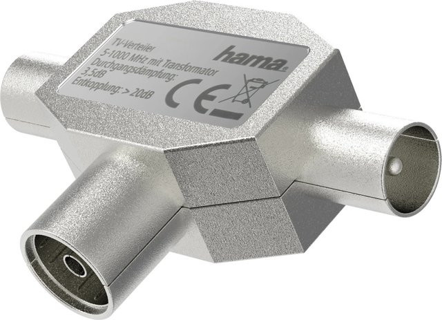 Hama Antennen-Verteiler mit Koax-Kupplung und 2 Koax-Steckern in Silber aus Metall - Bild 1