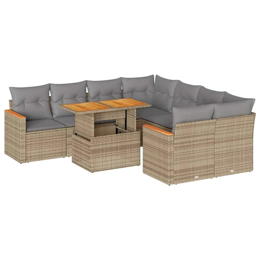 vidaXL 9-tlg Garten-Sofagarnitur in L-Form aus Polyrattan und Akazienholz mit Kissen in Beige-Grau - Bild 2
