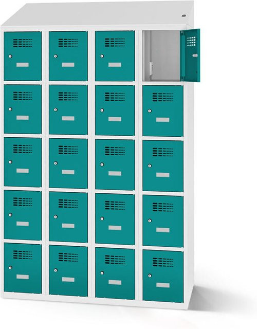 rotstahl Fächerschrank mit 20 Fächern und Ladefunktion in Türkis mit lichtgrauem Korpus, B: 120 cm, H: 200 cm - Bild 1