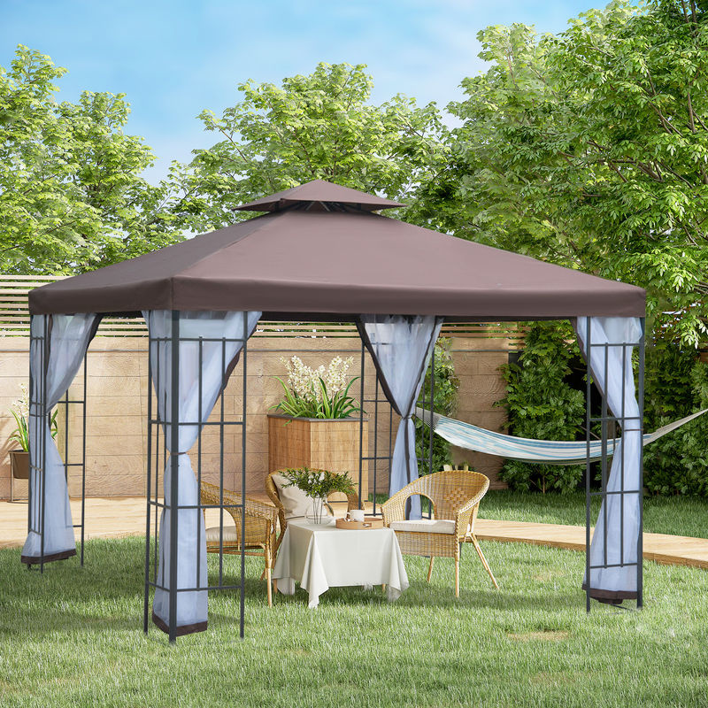 Outsunny Gartenpavillon mit Moskitonetzen und Seitenwänden, Partyzelt mit Doppeldach, Farbe Braun, B/H/T: 300 x 270 x 300 cm - Bild 2