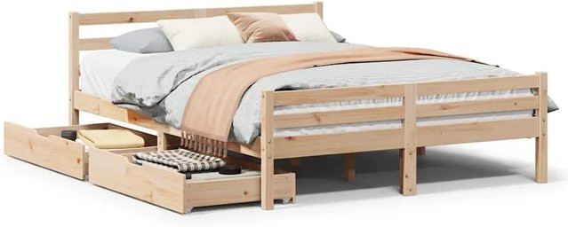 vidaXL Massivholzbett aus Kiefer mit Schubladen in Braun, B/T/H: 135 x 190 cm - Bild 1