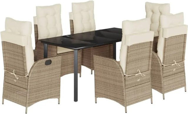 vidaXL 7-teilige Garten-Essgruppe aus Poly Rattan mit Glasplatte und Kissen in Beige und Cremeweiß - Bild 1