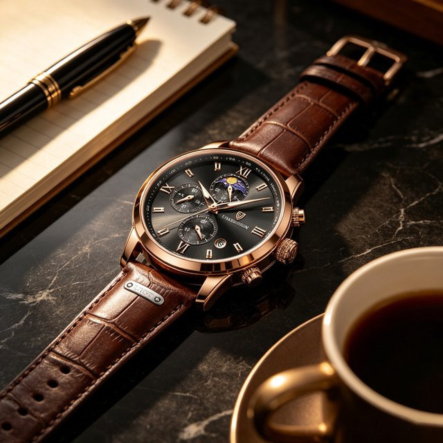 LIGE Armbanduhr Herren, Quarz, Chronograph, Leder, Schwarz, Roségold - Bild 1