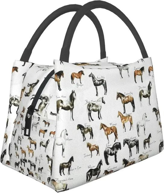Isolierte Lunchtasche mit Pferderassen Muster, auslaufsichere Bento Box Kühltasche für Büro und Studentin, Farbe: Weiß, B/T/H: 28 x 17 x 16 cm - Bild 1