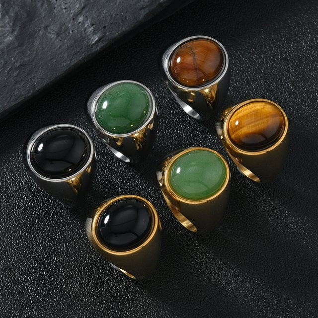 HNSP Ring, 316L Edelstahl, Tigerauge Stein, Schwarz, Grün, Unisex, Vintage - Bild 1