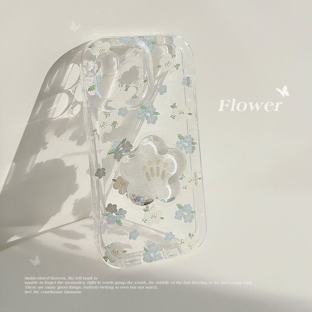Transparentes iPhone Case mit Koreanischem Blumen-Quicksand-Design und Ständer-Funktion für iPhone 16 15 14 13 12 11 Pro Max Plus, stoßfeste Softcover Hülle - Bild 1