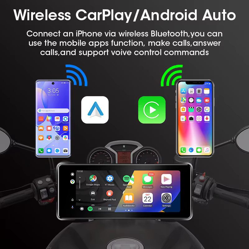 JMCQ Motorrad DVR mit 5/6,86 Zoll HD Touchscreen, Tragbare GPS Navigation, Drahtlose CarPlay und Android Auto Multimedia Recorder, Wasserdicht, Schwarz - Bild 2