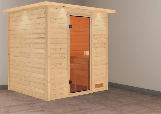 Karibu Sauna Adelina mit LED-Dachkranz aus Fichten- und Espenholz in Natur/Braun, B/T/H: 223 x 183 x 191 cm - Bild 1