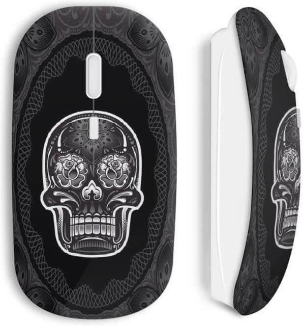 MANIACASE Kabellose Maus mit Totenkopf-Design in Schwarz, USB und WLAN, kompatibel mit Mac und PC - Bild 1