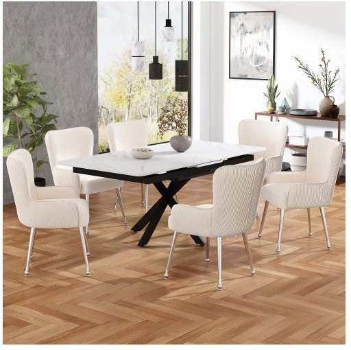 6er-Set Esszimmerstühle MUVOE aus beige Samt mit Armlehnen und verstellbaren Füßen - Bild 1