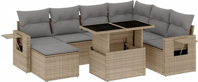 vidaXL 8-teilige Garten-Sofagarnitur in L-Form aus Poly-Rattan mit Kissen in Beige und Hellgrau - Bild 1