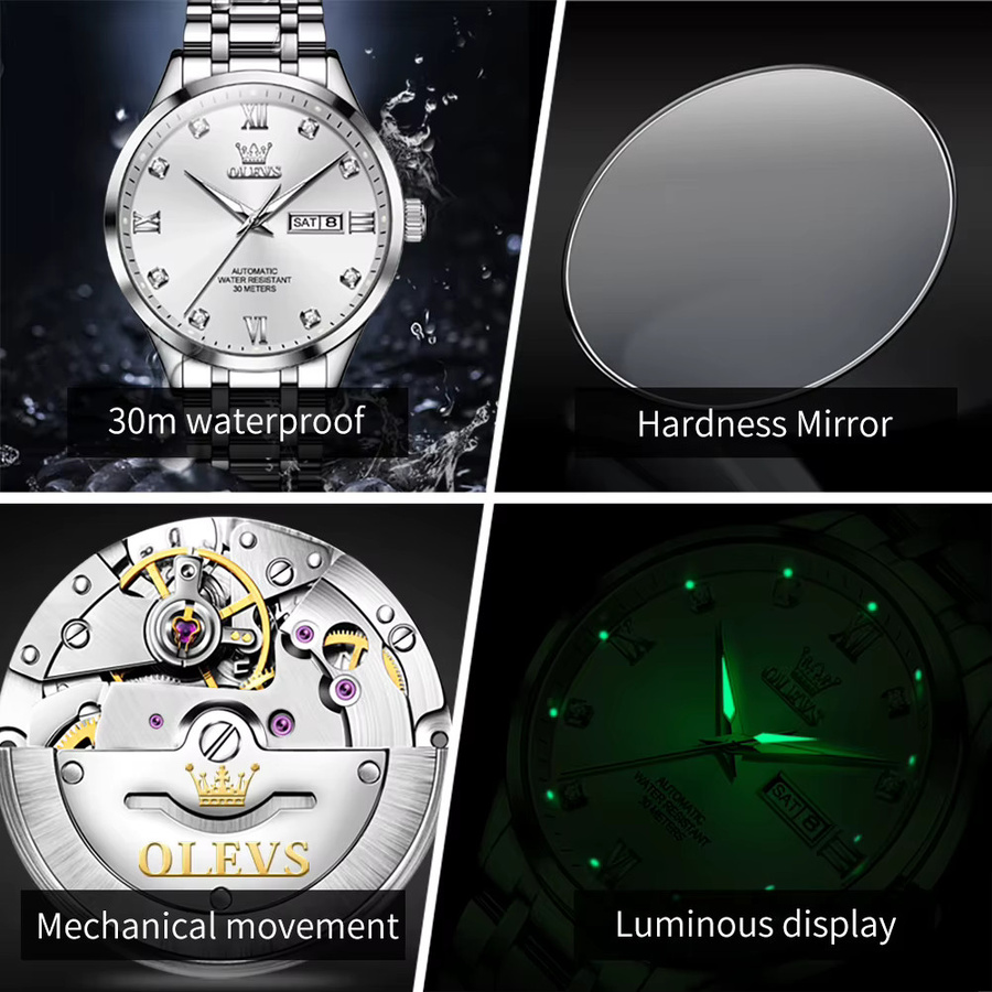 OLEVS Armbanduhr Automatik, Edelstahl, Weiß, Herren - Bild 3