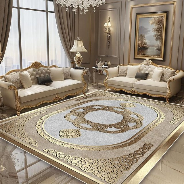 Karpetti Luxusteppich im europäischen Stil mit goldenem Rahmen, rutschfest und maschinell gewebt, Farbe: Gold/Beige, B/T: 80 x 160 cm - Bild 1