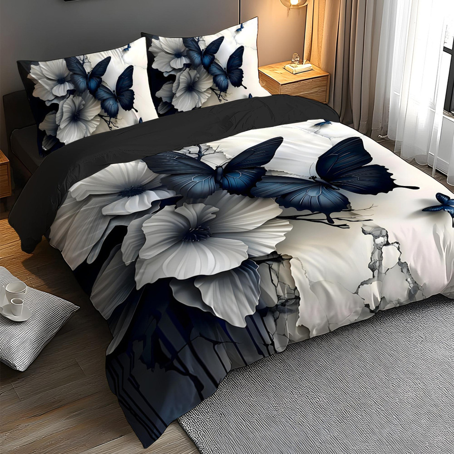 Grosstor Bettwäsche Set mit Schmetterling und floralem Marmor-Design in Blau, bestehend aus Bettbezug und Kissenbezug, B/H: 172 x 218 cm - Bild 2