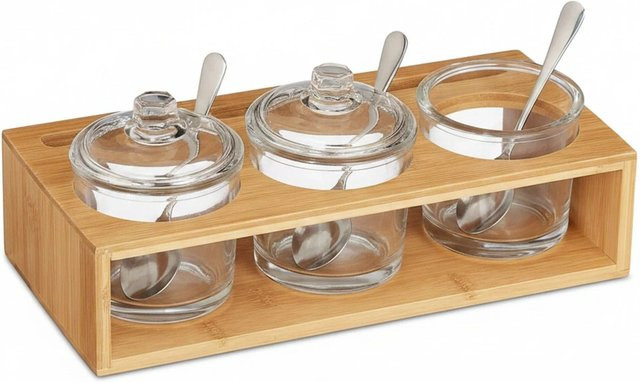 Relaxdays Gewürzgläser Set aus Glas und Bambus mit Löffeln, Natur und Silber, B/T/H: 27 x 13 x 11 cm - Bild 1