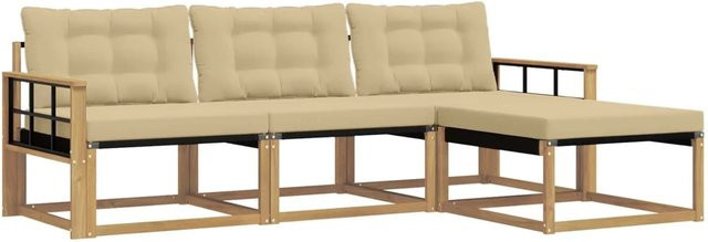 vidaXL Outdoor-Sofagarnitur L-Form aus Akazienholz mit Polstern und Ottoman in Weiß und Beige - Bild 1