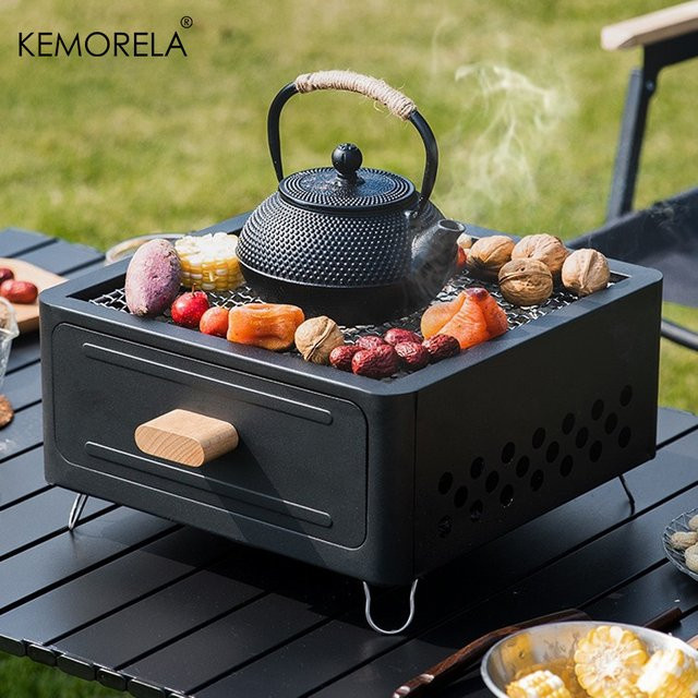 KEMORELA Outdoor BBQ Camping Herd aus Carbon in Schwarz für Holzkohle zum Grillen und Kochen - Bild 1