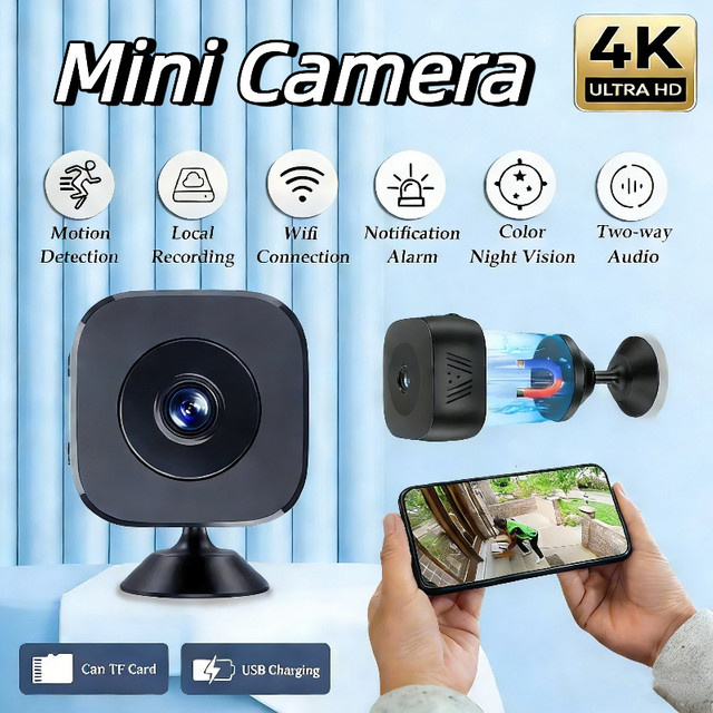 XMSJ Mini 4K Überwachungskamera mit WiFi, Vollfarbe-Nachtsicht, Bewegungserkennung und Wasserdichtigkeit in Schwarz - Bild 1