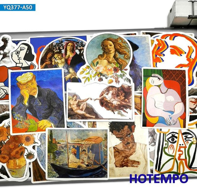 50 Stück Binchi Outdoor Product Aufkleber im Van Gogh Ölmalerei Stil, grau und mehrfarbig, für Laptop, Telefon, Gitarre und Koffer - Bild 1