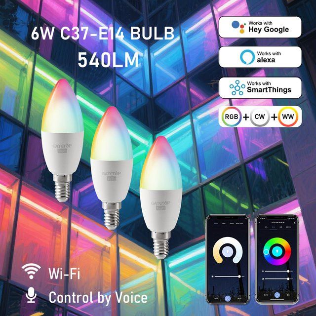 Gatetop Tuya Smart LED Glühbirne E14 RGBCW mit WiFi und Bluetooth, 6W, App- und Sprachsteuerung für Alexa und Google Home - Bild 1