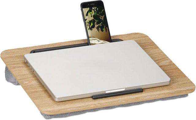 Relaxdays Laptopkissen aus Leinen und Schaumstoff in Grau mit Handyhalter und rutschfester Unterseite, B/T/H: 42 x 32 x 6 cm - Bild 1