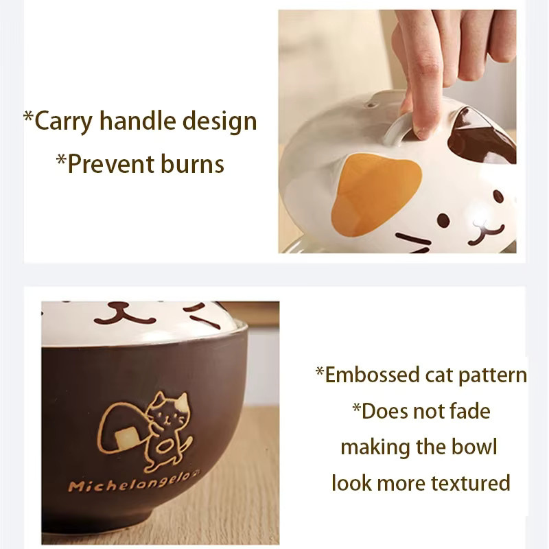 YWDL Keramik Suppenschüssel mit Deckel im japanischen Design mit Katzen-Motiv, Farbe: Gelb - Bild 6