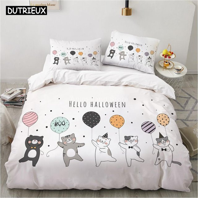 Binchi Bettwäsche Set Katzen Party Design mit 3-teiligem Bezug aus Mikrofaser, Farbe: Weiß, B/H: 140 x 200 cm - Bild 1
