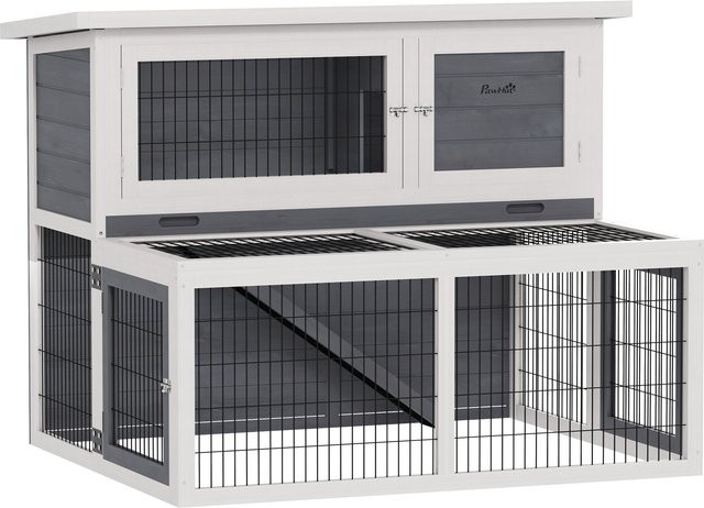 PawHut Hasenstall aus Vollholz in Grau mit 2 Ebenen, wetterfestem Doppelstockhaus und Freilaufgehege, B/T/H: 122 x 95 x 93,5 cm - Bild 1