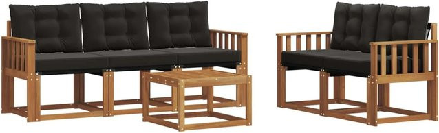vidaXL Outdoor-Sofagarnitur 6-teilig aus Akazienholz und Textilene in Schwarz und Natur mit Kissen - Bild 1