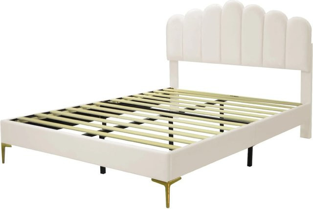 Merax Polsterbett mit Samt Kopfteil in Beige, B/T/H: 140,5 x 203 x 114 cm - Bild 1
