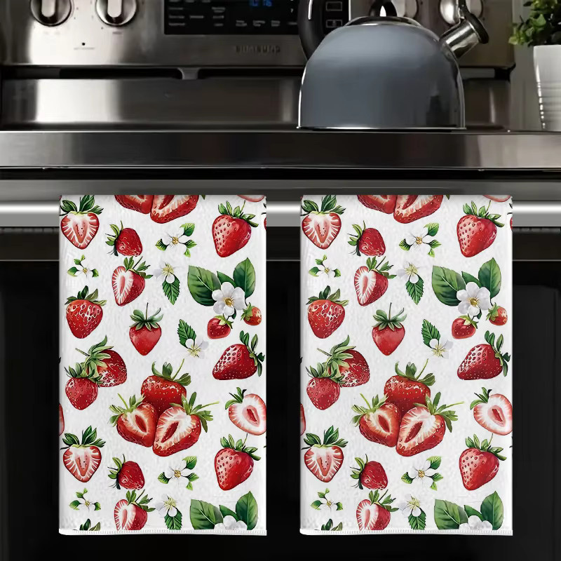 Yuanqi Küchentücher Set mit Erdbeerblüten-Motiv in Rot und Mehrfarbig, 2 Stück, super saugfähig, B: 60 cm, H: 40 cm - Bild 2