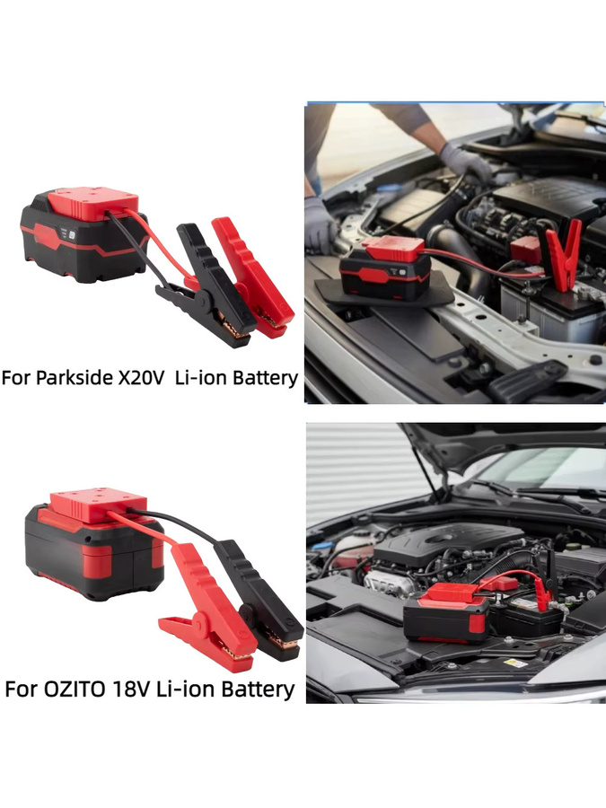 Tragbarer Starthilfe-Adapter für OZITO 18 V und Parkside X20V TEAM Li-Ionen-Akkus mit Jumper-Clips in Schwarz - Bild 1