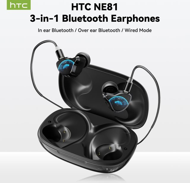 HTC NE81 3-in-1 Multi-Modus In-Ear Bluetooth-Ohrhörer mit Geräuschunterdrückung und flexiblem Ohrbügel in Schwarz - Bild 1