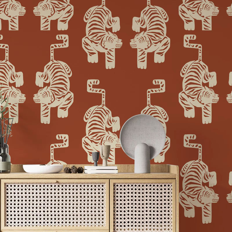 Pixel&Wall Tiger-Tapete in Orange mit aztekischem Vintage-Design, selbstklebend - Bild 2