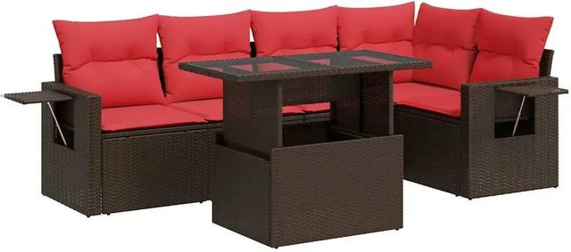 vidaXL 6-teilige Garten-Sofagarnitur in L-Form aus braunem Poly Rattan und Akazie mit wetterfesten Kissen - Bild 1